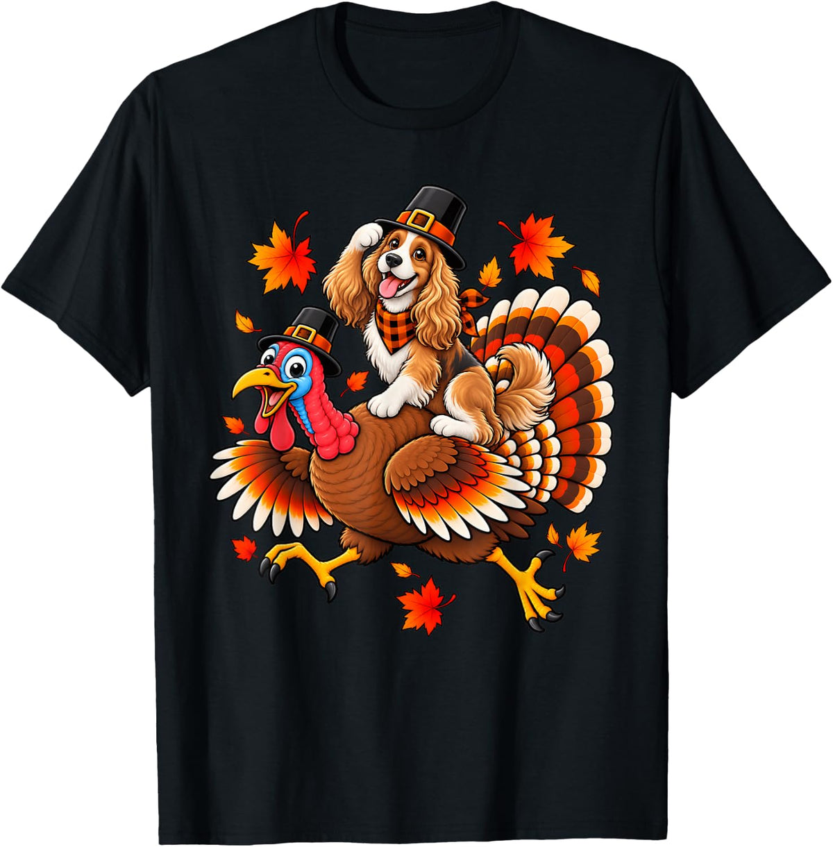 Cute Pilgrim Cocker Spaniel Dog Riding Turkey Thanksgiving T-Shirt - Black