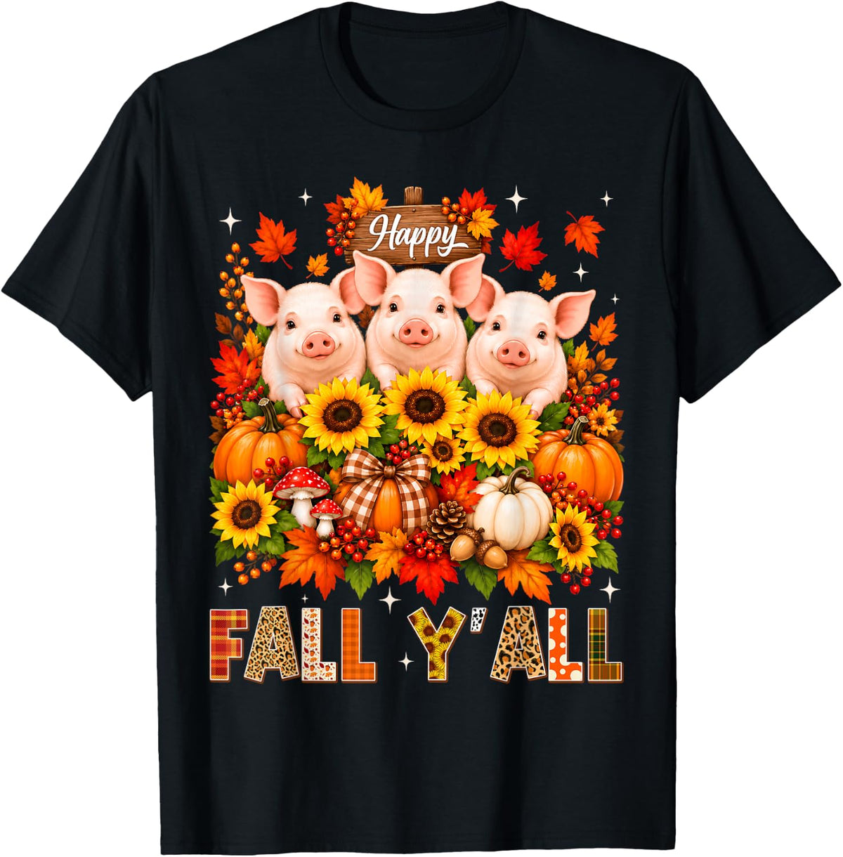 Fall Y'all Happy Thanksgiving Leopard Autumn Cute Pig Lover T-Shirt - Black