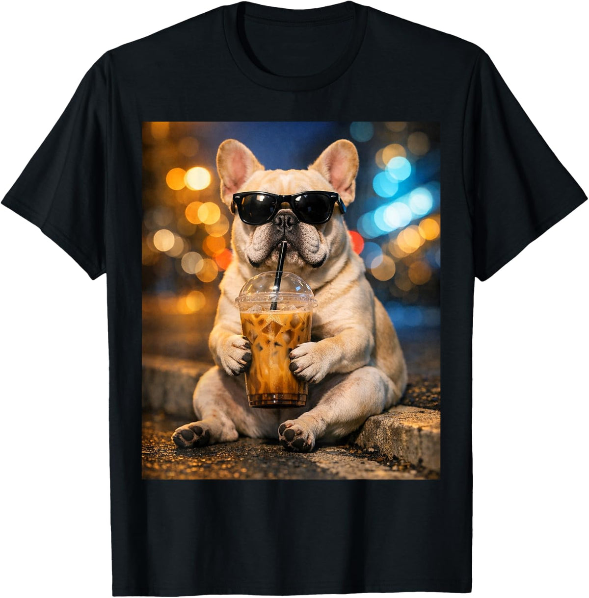 French Bulldog Drinking Iced Coffee T-Shirt - Black