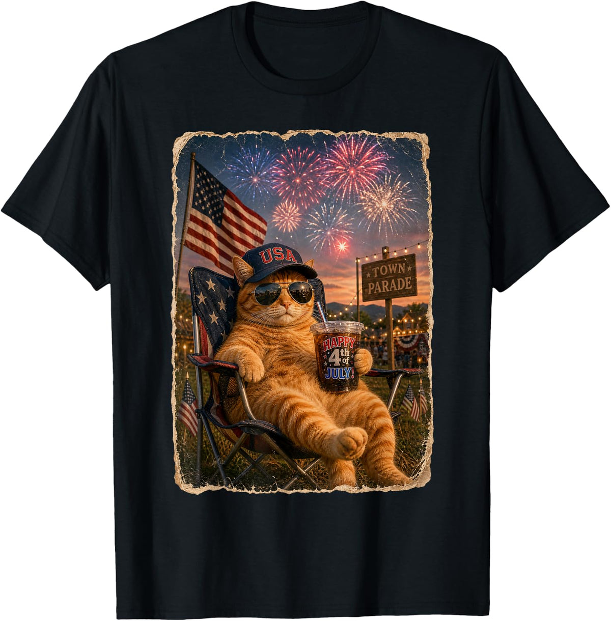 July 4th Patriotic Cat Drinking Iced Coffee 250 Years T-Shirt - Black