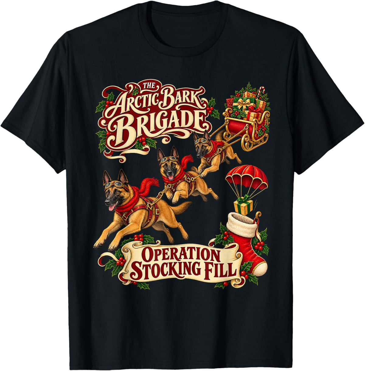 Belgian Malinois Dog Christmas Arctic Sleigh Adventure T-Shirt - Black