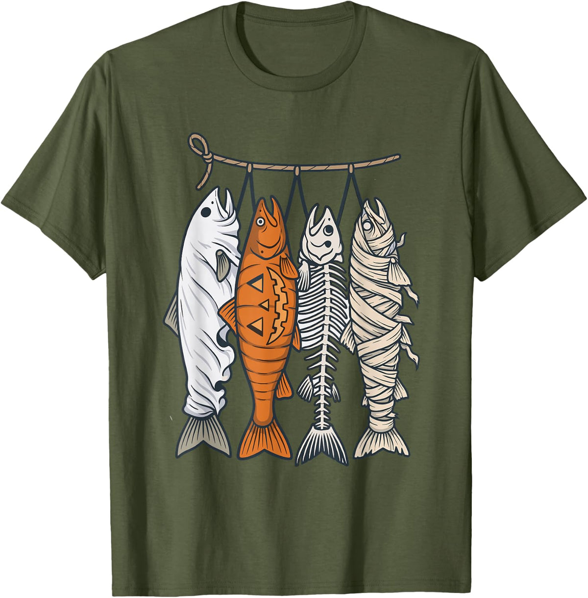 Funny Halloween Fishing Ghost Fish Skeleton Mummy Angler T-Shirt - Olive Green