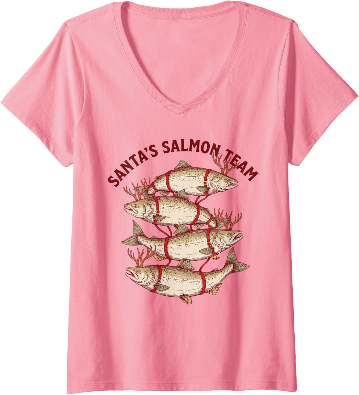 Women's Santas Salmon Team Reindeer Antlers Xmas Fisherman V-Neck T-Shirt - Pink