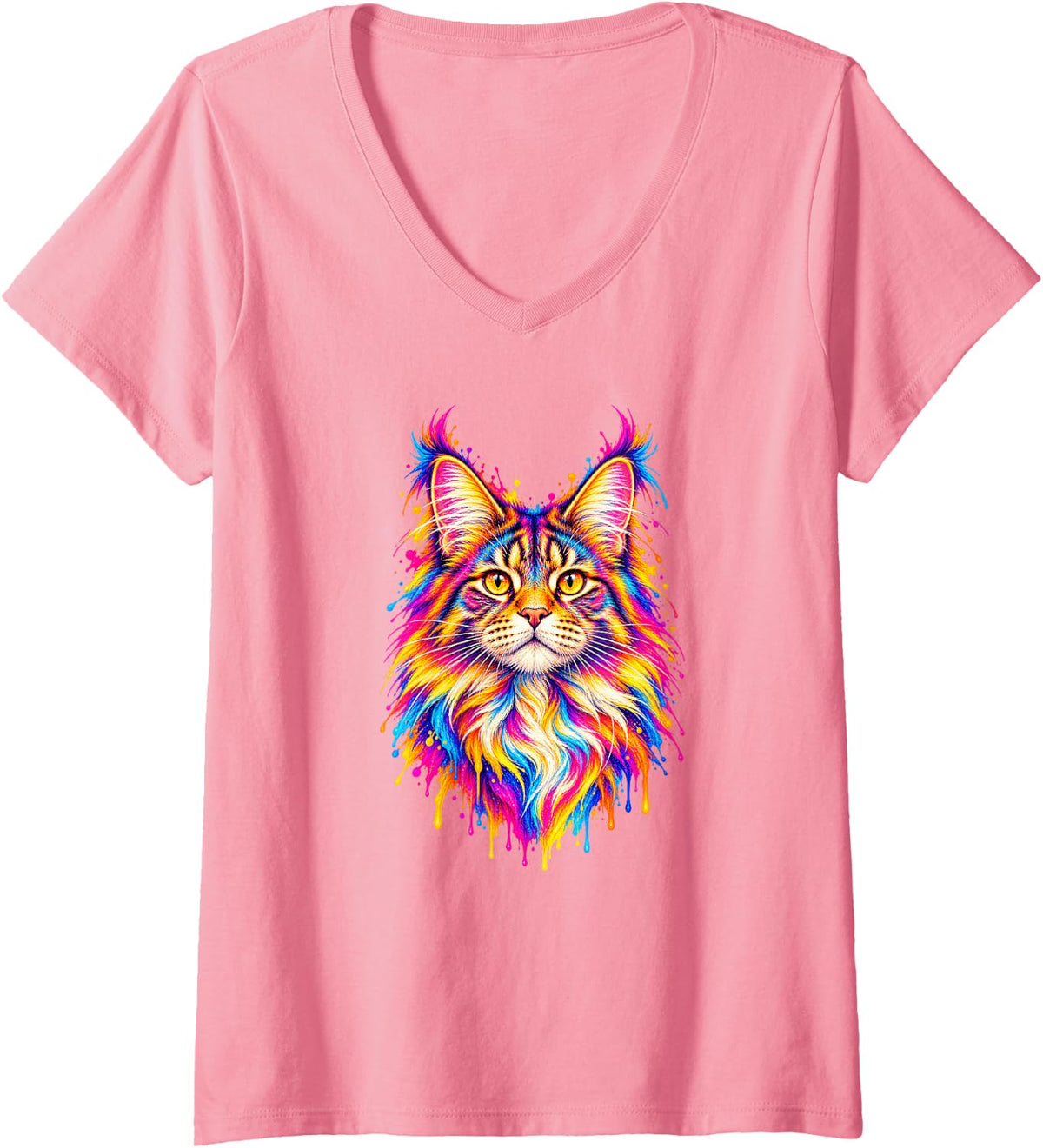 Women's Maine Coon Cat Colorful Pop Art Paint Splash V-Neck T-Shirt - Pink
