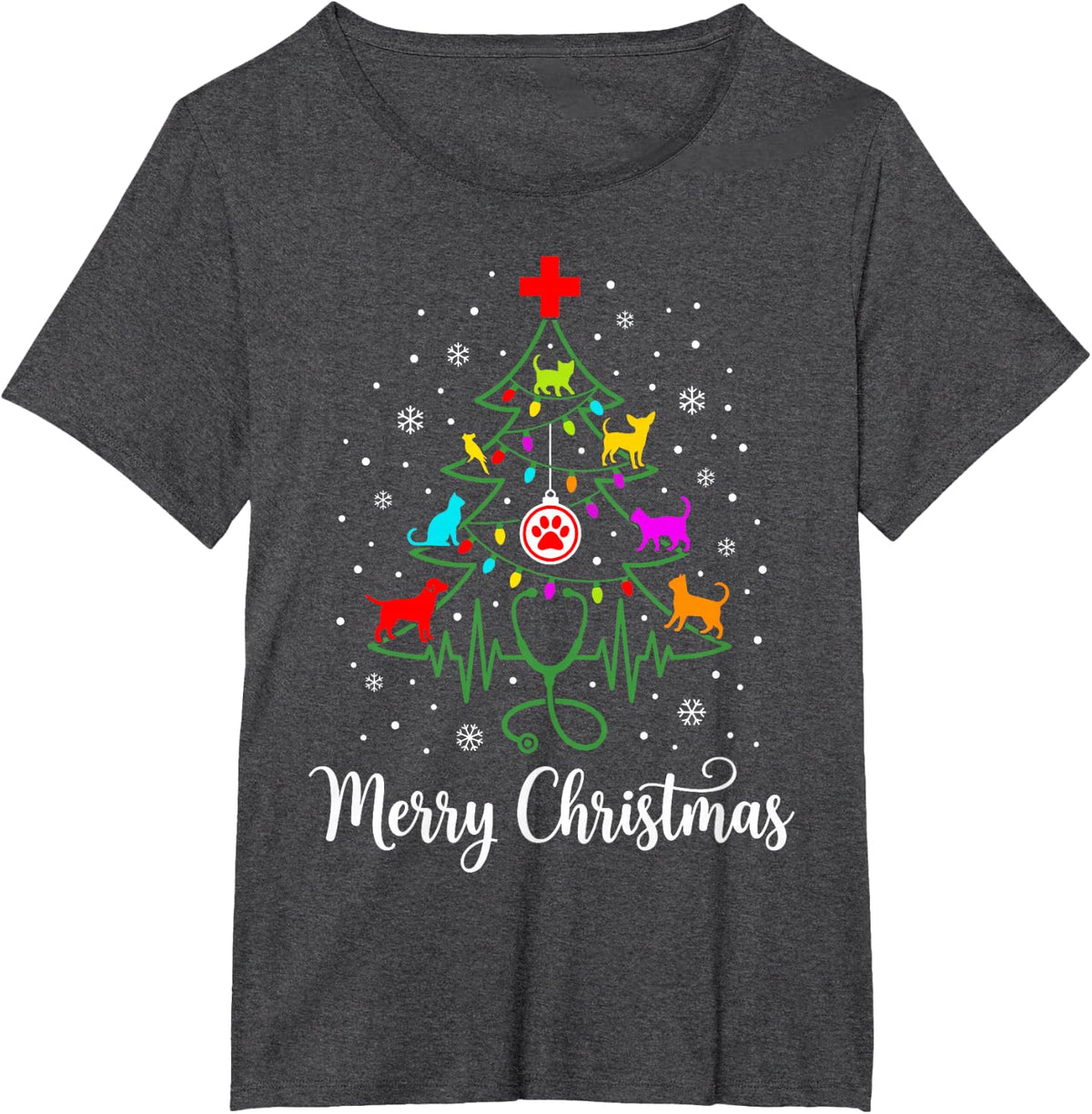 Veterinarian Christmas Tree Vet Tech Student Animal Doctor T-Shirt - Dark Heather Grey