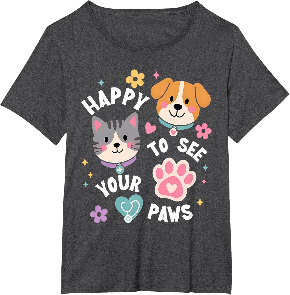 Happy to See Your Paw Veterinarian Veterinary Tech Vet Med T-Shirt - Dark Heather Grey
