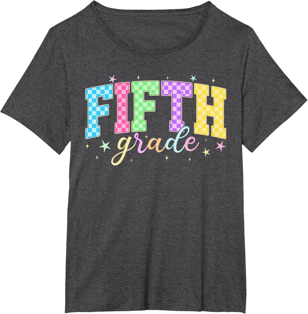 Checkered Fifth Grade Colorful Back to School Teacher T-Shirt - Dark Heather Grey