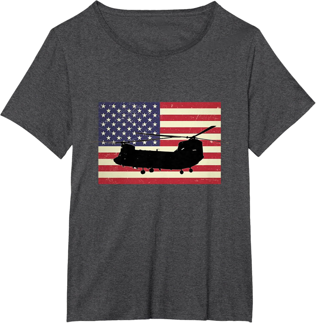 American USA Flag Chinook Helicopter Army Military Pilot T-Shirt - Dark Heather Grey