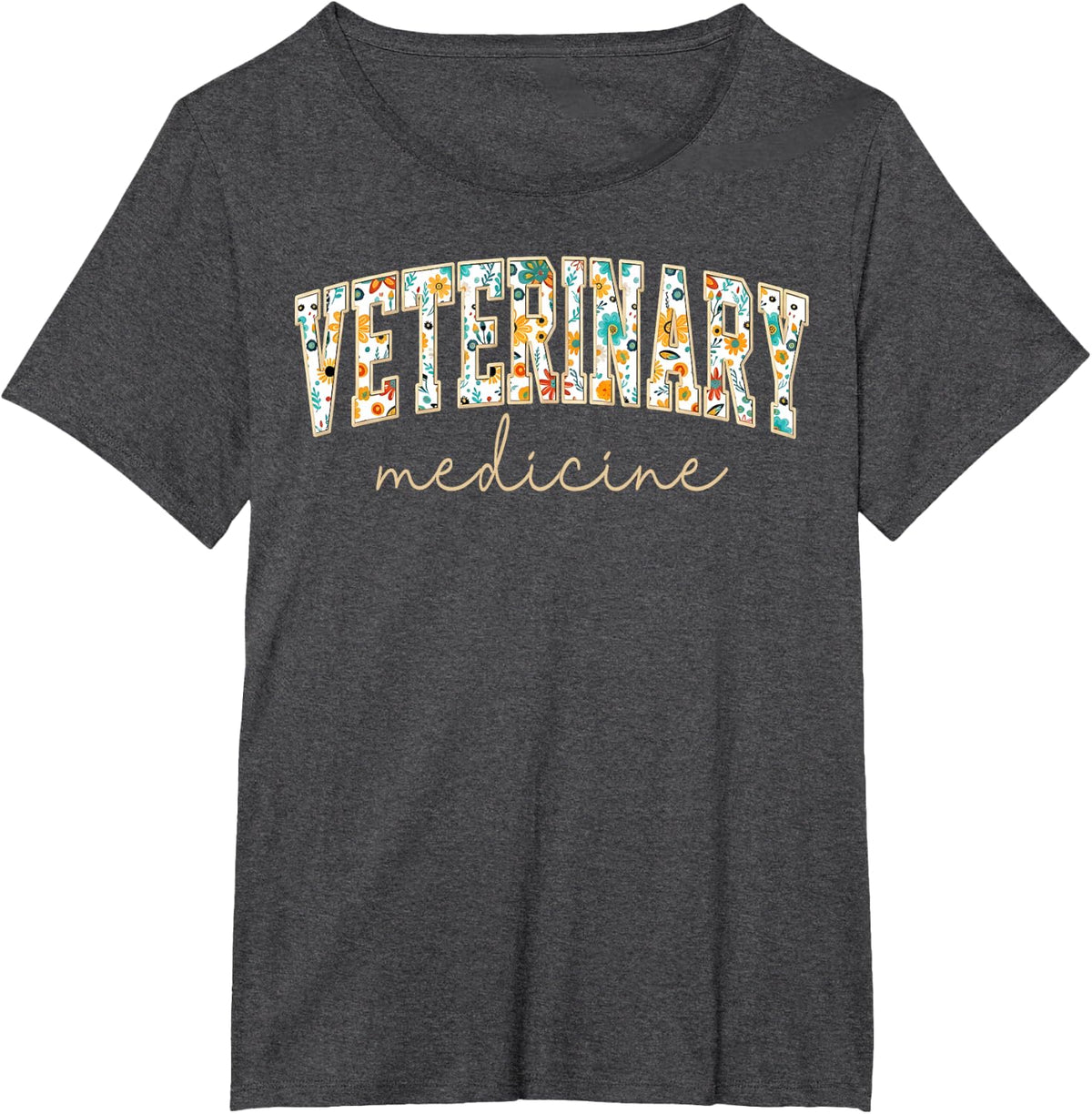 Vintage Floral Veterinary Medicine Text T-Shirt - Dark Heather Grey
