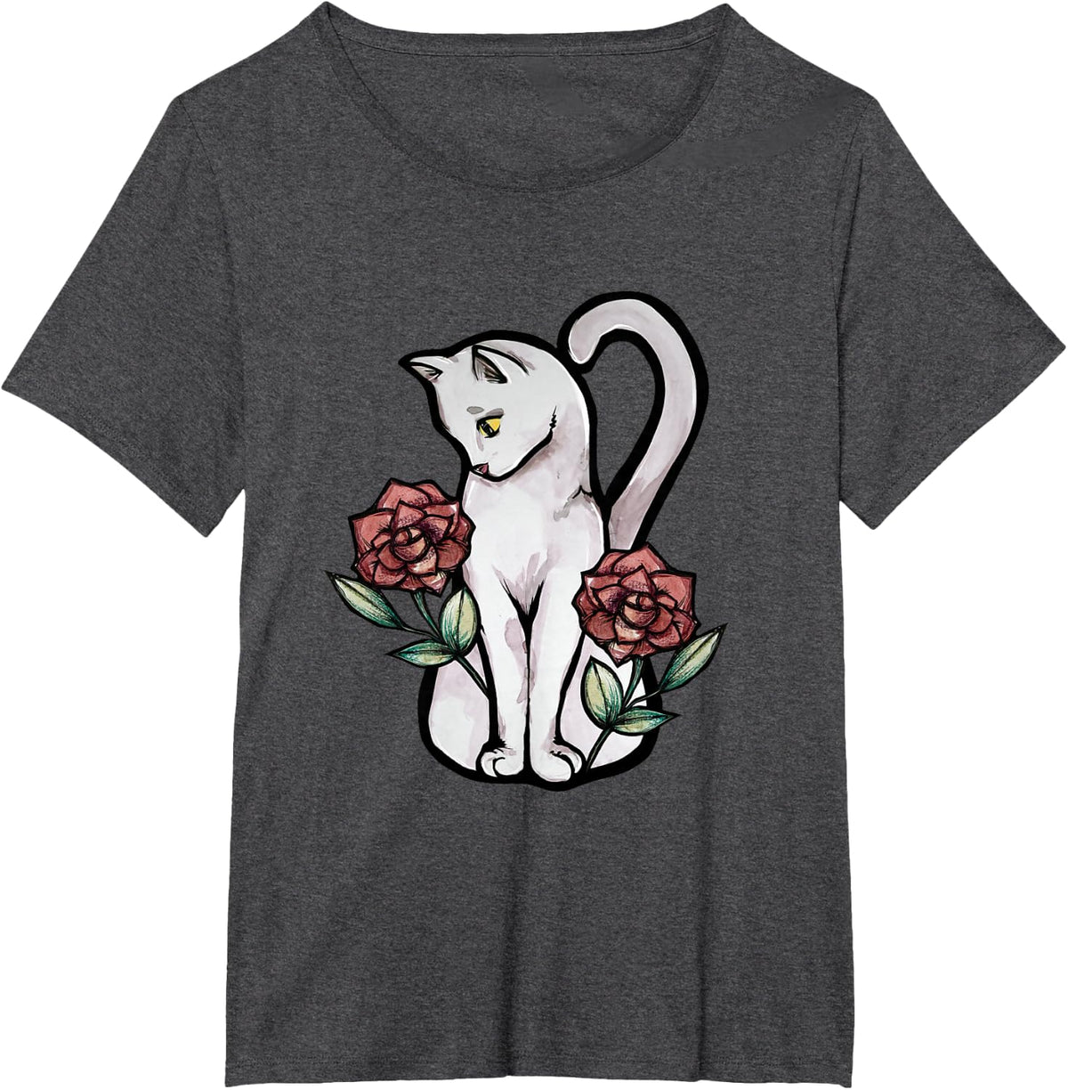White cat Roses T-Shirt - Dark Heather Grey