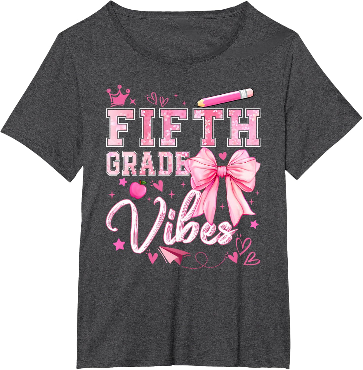 Fifth Grade Vibes Coquette Bow Back to School Fifth Grade T-Shirt - Dark Heather Grey
