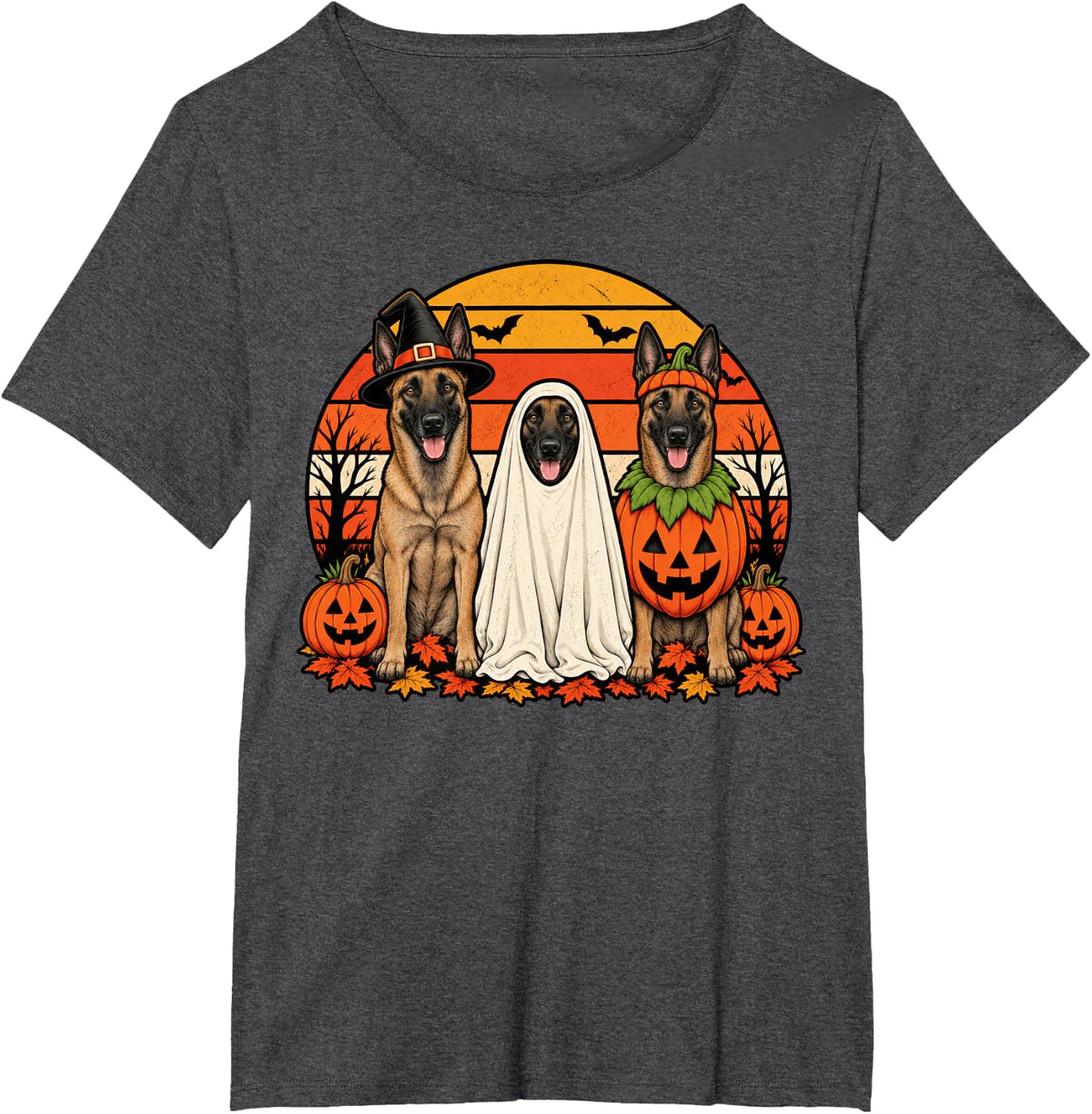 Spooky Belgian Malinois Pumpkin Ghost Halloween Dog Lover T-Shirt - Dark Heather Grey