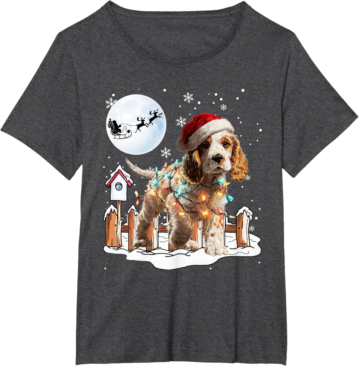 Cute Funny Cocker Spaniel Christmas Lights Santa Hat Holiday T-Shirt - Dark Heather Grey