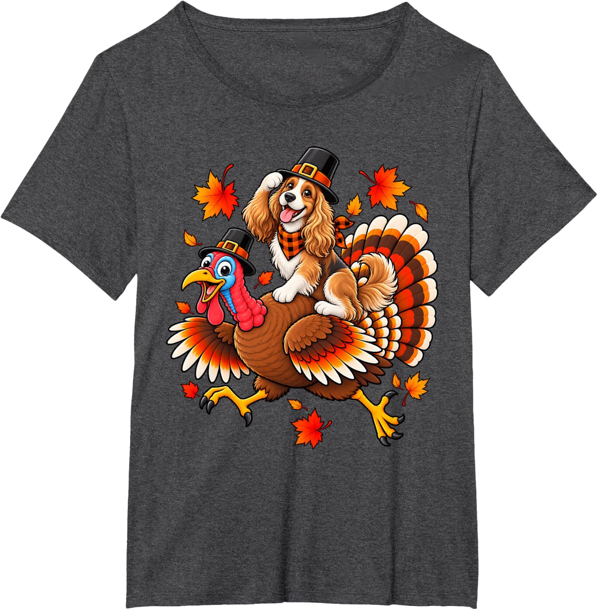 Cute Pilgrim Cocker Spaniel Dog Riding Turkey Thanksgiving T-Shirt - Dark Heather Grey