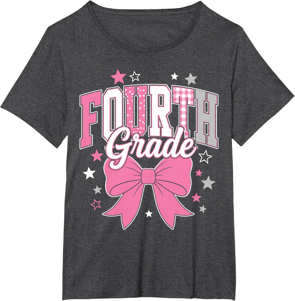 Fourth Grade Pink Varsity Bow Back to School T-Shirt - Dark Heather Grey