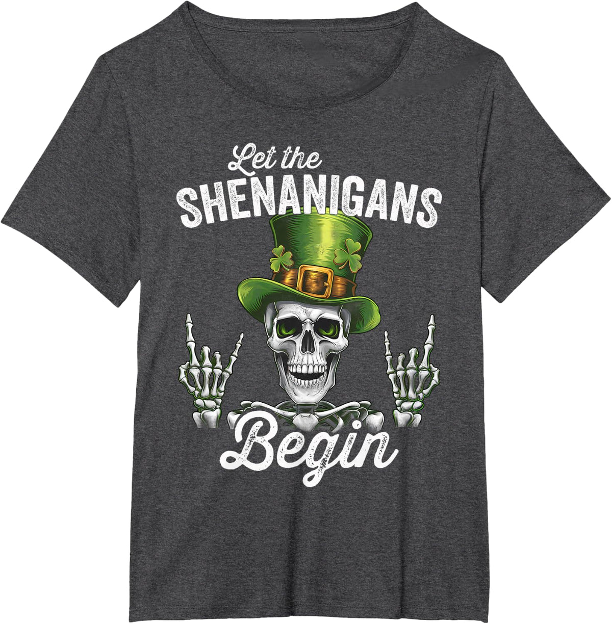 St Patrick's Day Lucky Skeleton Rock And Roll Irish Shamrock T-Shirt - Dark Heather Grey