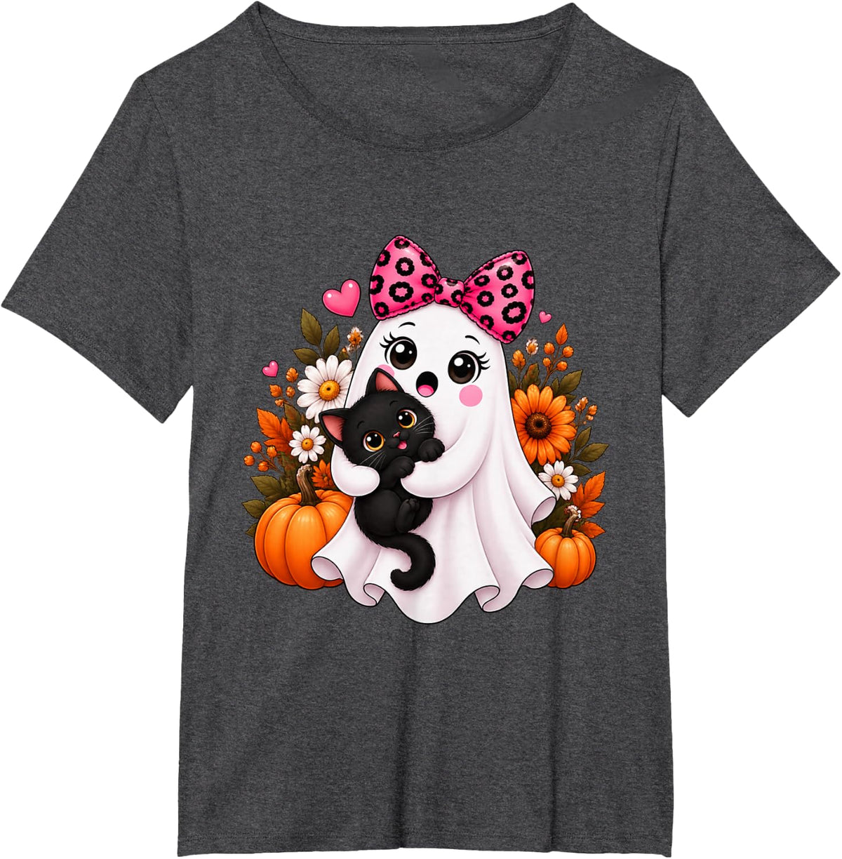 Halloween Cute Ghost Cat Pumpkin Floral Bow T-Shirt - Dark Heather Grey