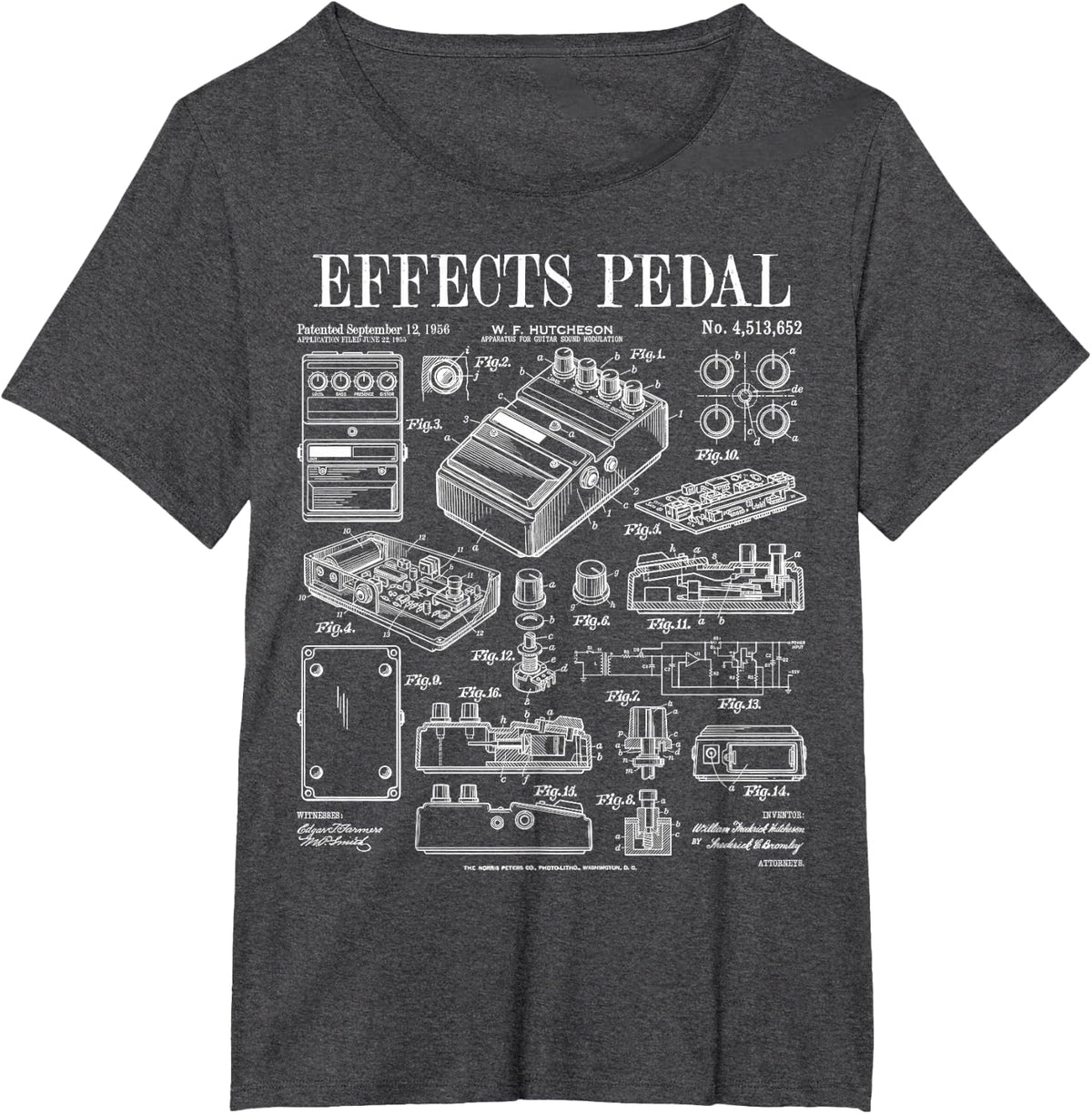 Electric Guitar Effects Pedal Guitarist Music Vintage Patent T-Shirt - Dark Heather Grey