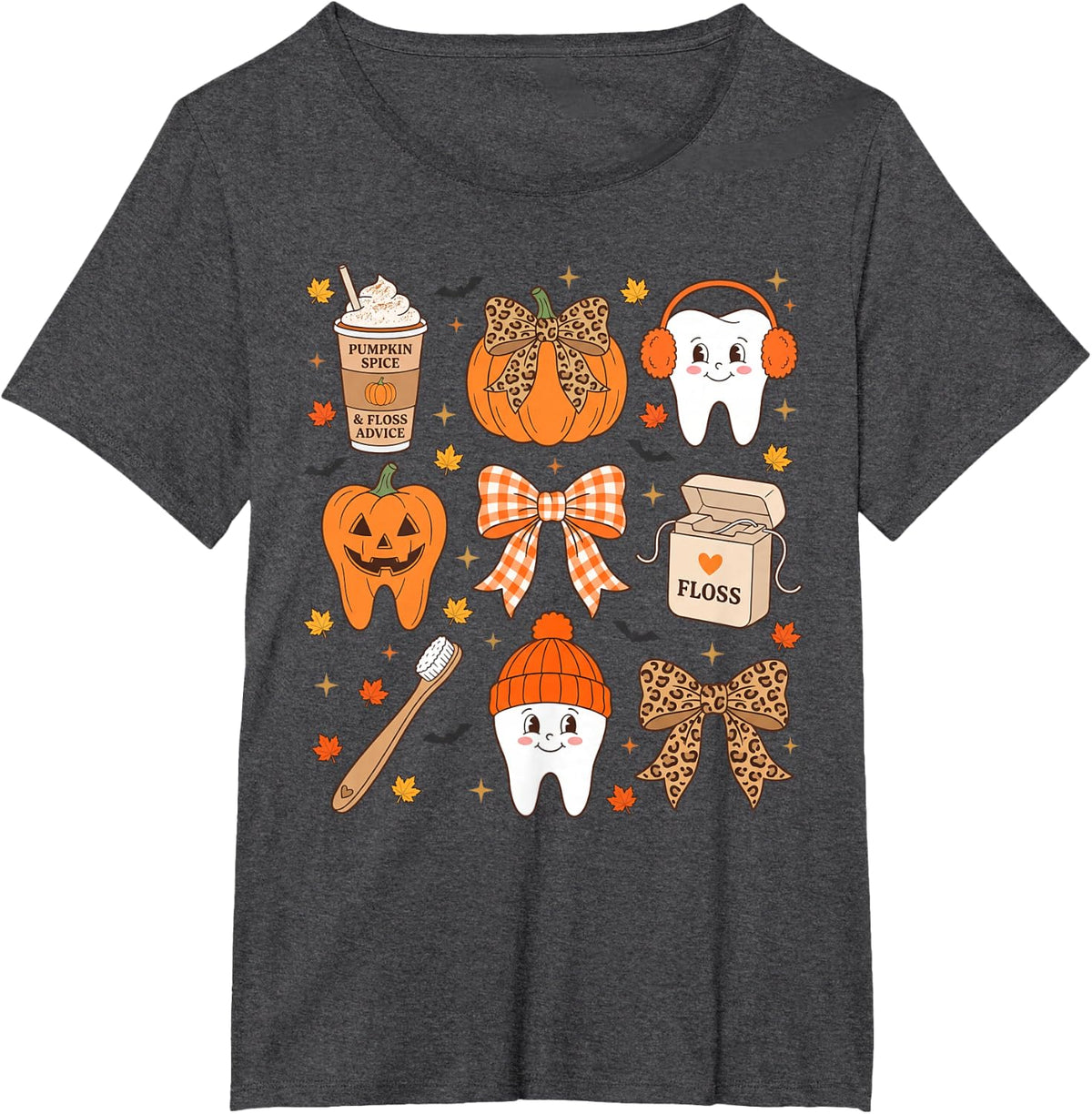 Fall Dentist Halloween Tooth Pumpkin Bow Dental Hygienist T-Shirt - Dark Heather Grey