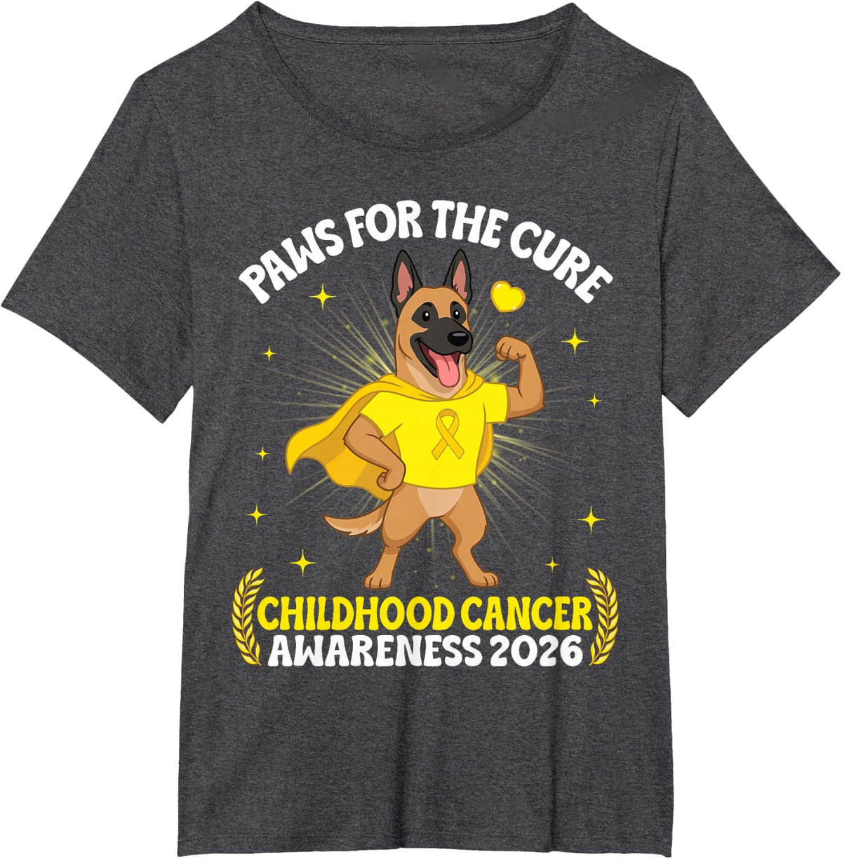 Belgian Malinois Paws Cure Childhood Cancer Awareness 2026 T-Shirt - Dark Heather Grey