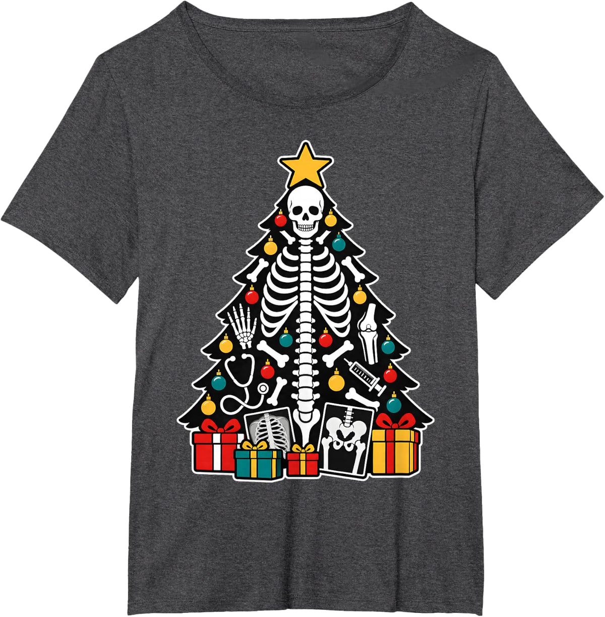 Radiology Christmas Tree Skeleton X-Ray Tech T-Shirt - Dark Heather Grey