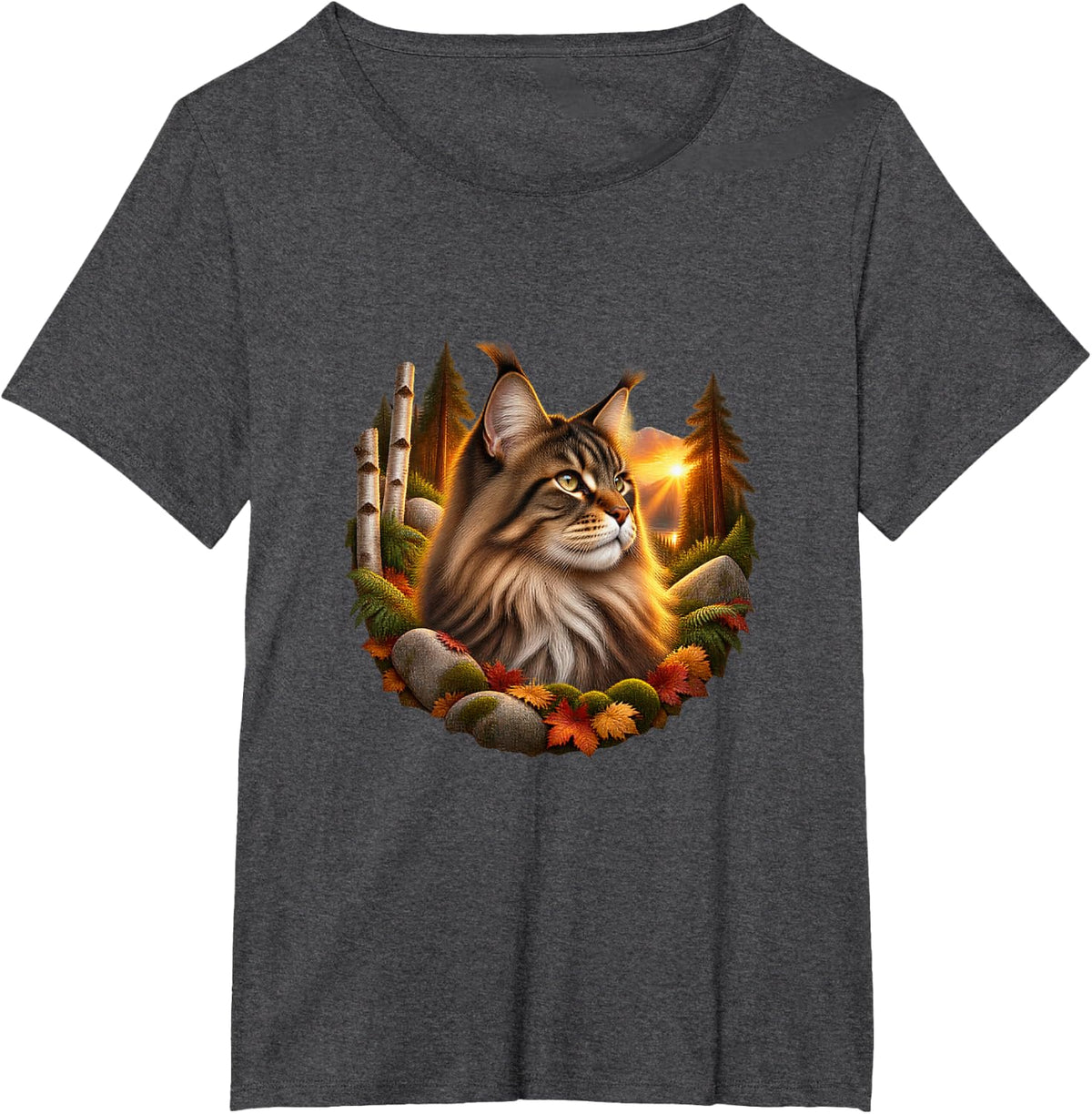 Maine Coon Cat at Woodland Sunset T-Shirt - Dark Heather Grey