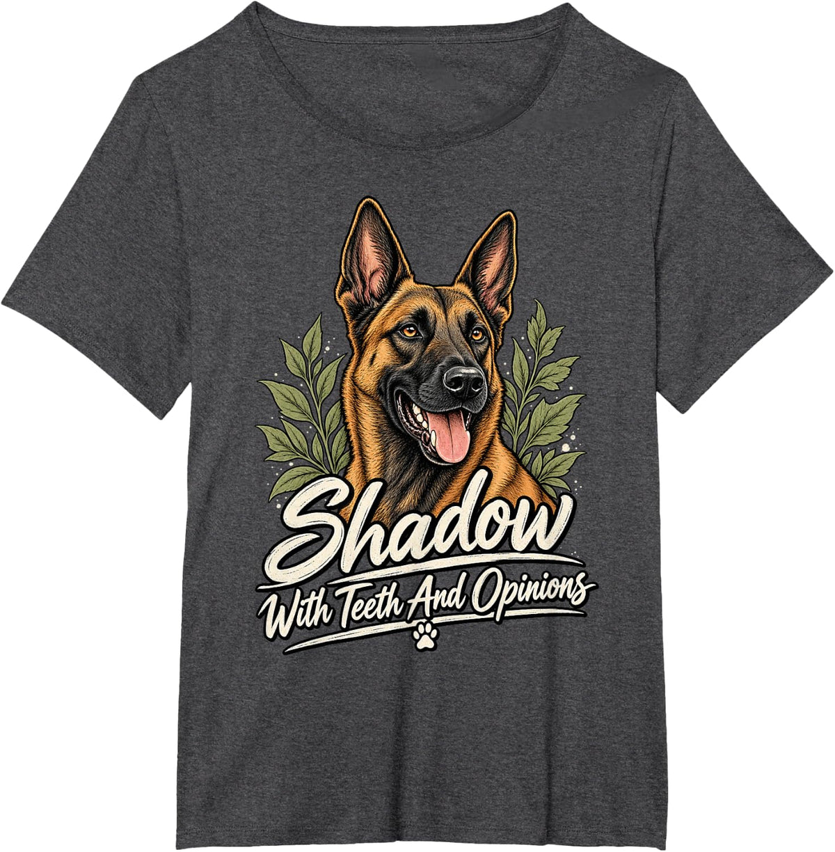 Belgian Malinois Shadow with Teeth and Opinions Funny Dog T-Shirt - Dark Heather Grey