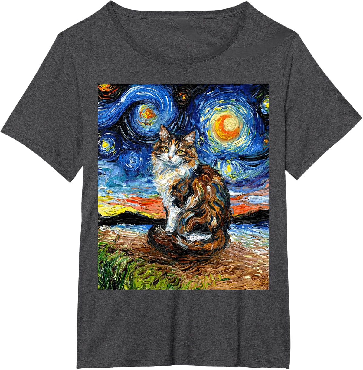 Calico Cat Starry Night Artwork Long Hair Colorful Kitty Art T-Shirt - Dark Heather Grey