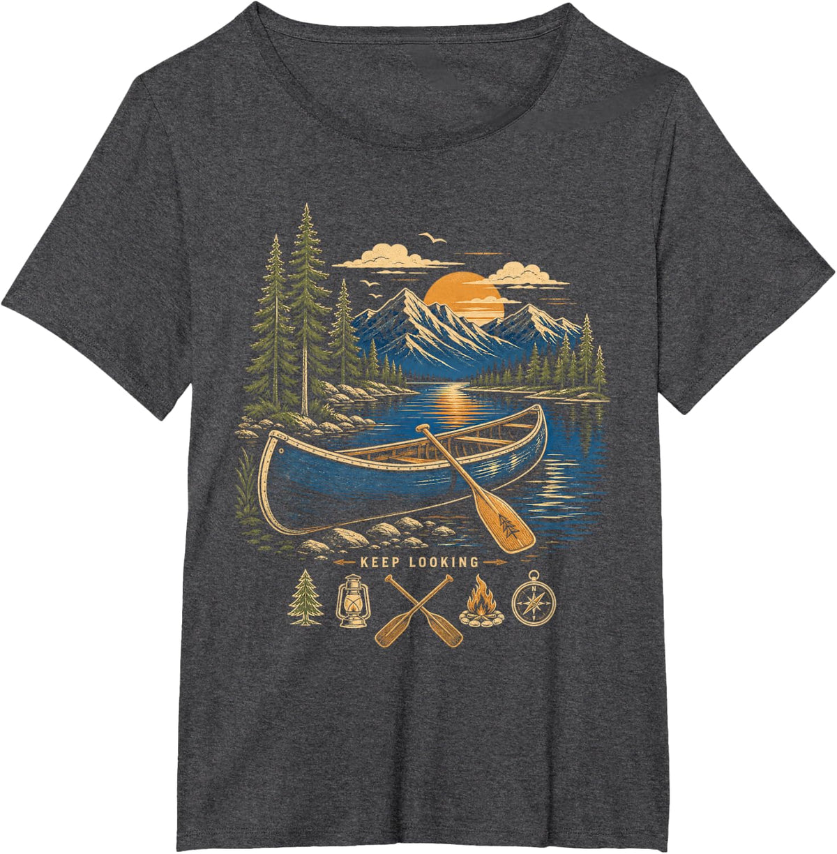 Keep Looking Canoe Camping Mountain Lake T-Shirt - Dark Heather Grey