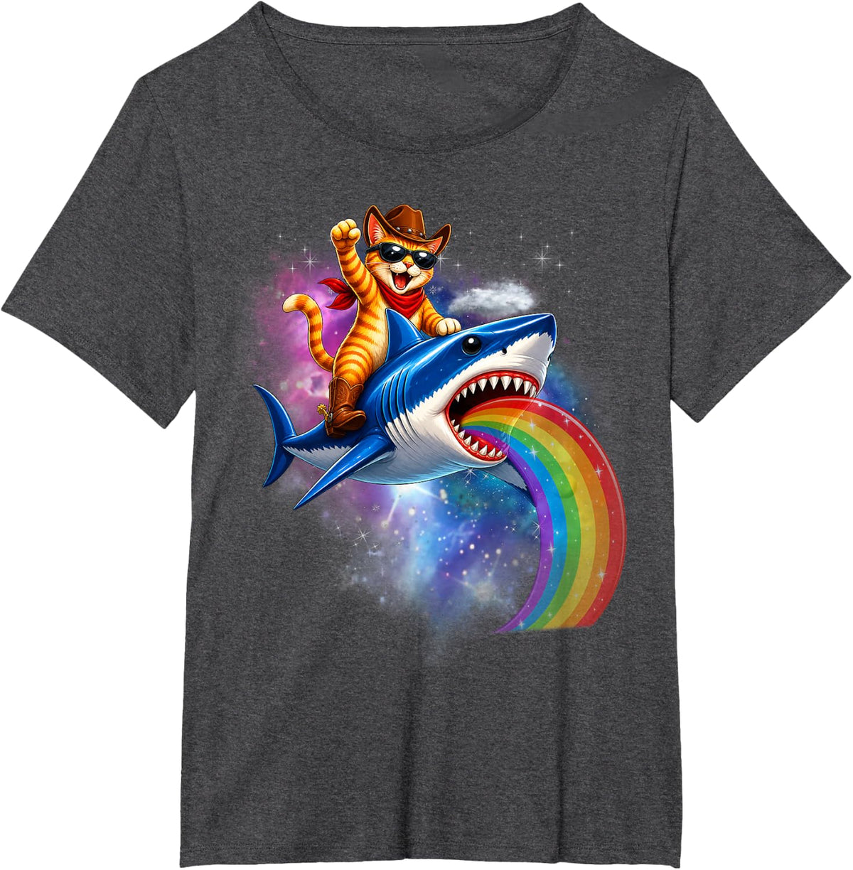 Shark Cat Riding Rainbow Pizza Taco Galaxy Retro T-Shirt - Dark Heather Grey