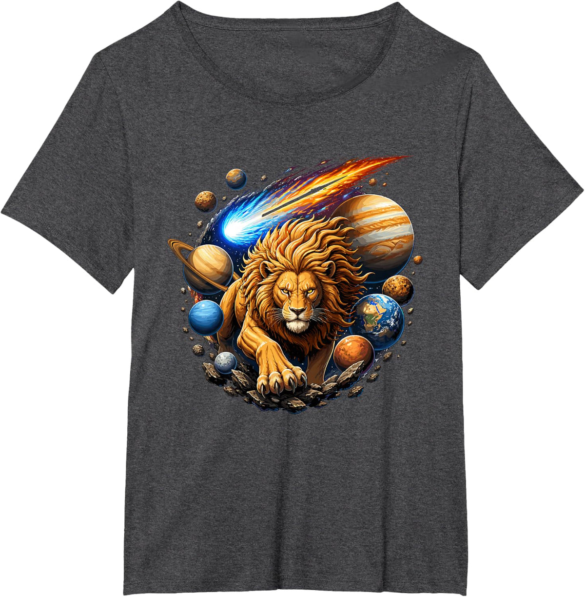Celestial Lion Space Universe Planetary Orbit T-Shirt - Dark Heather Grey