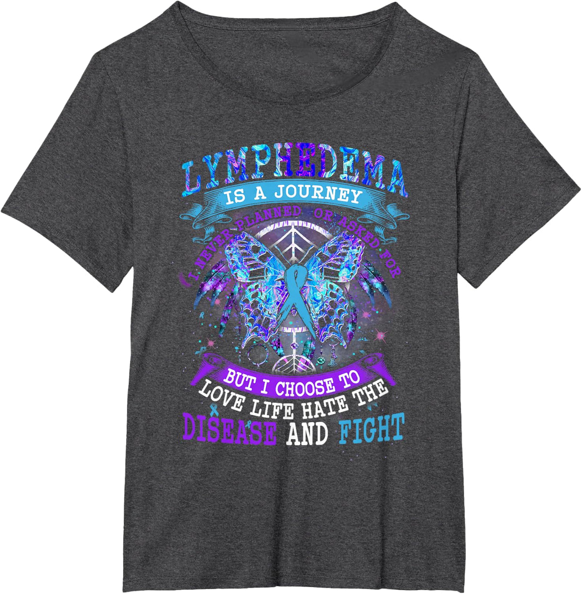 Lymphedema Is A Journey I Never Planned Butterfly Ribbon T-Shirt - Dark Heather Grey