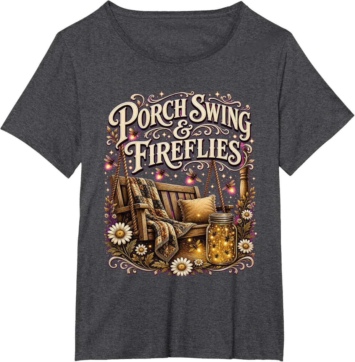 Porch Swing Fireflies Southern Country Summer Nights Rustic T-Shirt - Dark Heather Grey