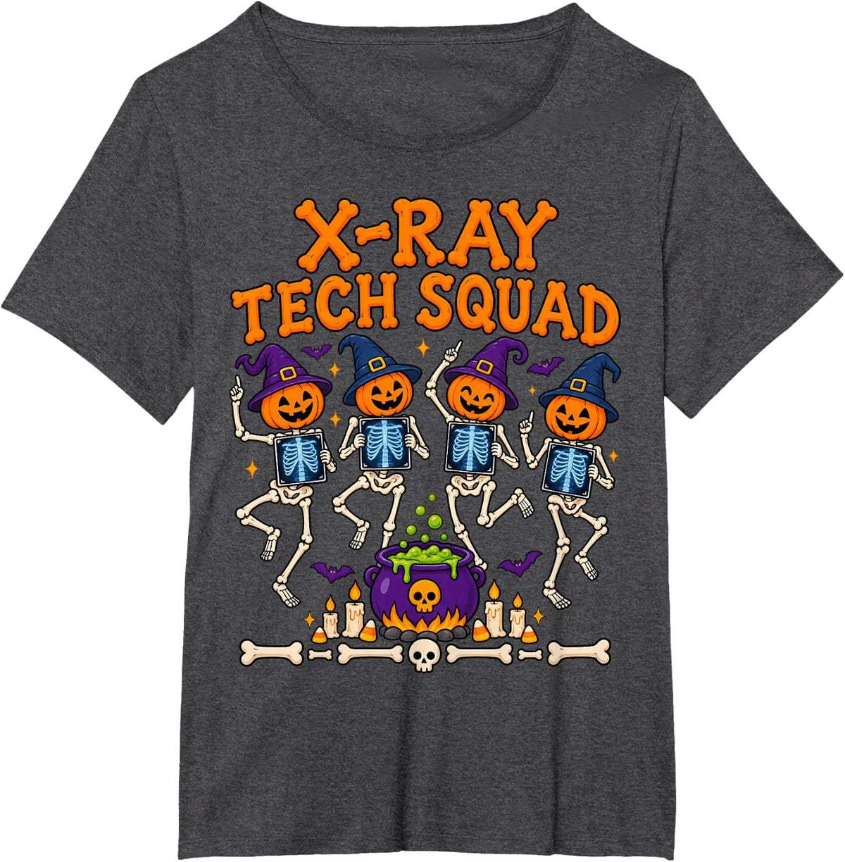 X-Ray Tech Squad Dancing Skeleton Funny Halloween Party T-Shirt - Dark Heather Grey