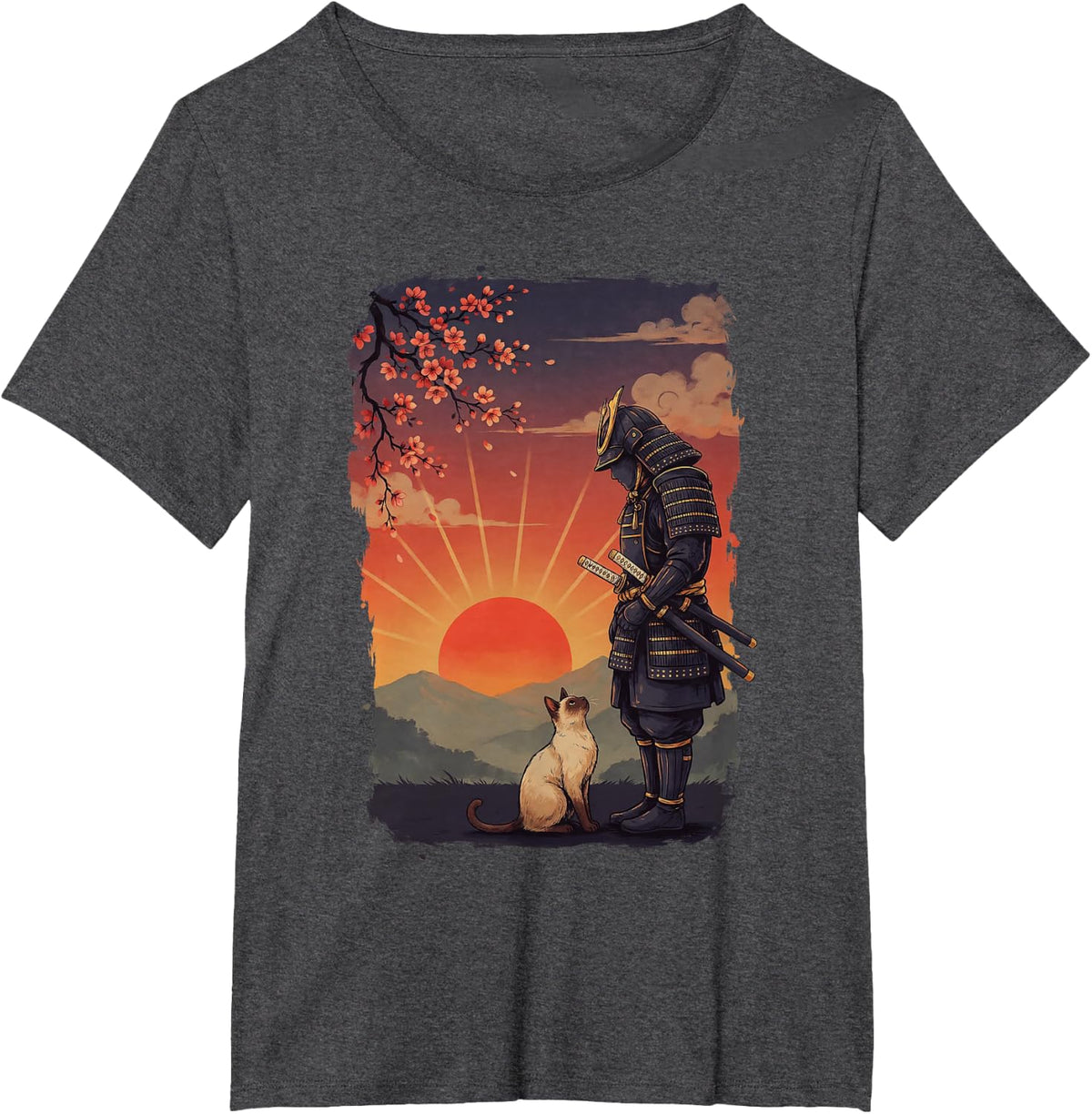 Japanese Samurai Siamese Cat Sunset Art T-Shirt - Dark Heather Grey