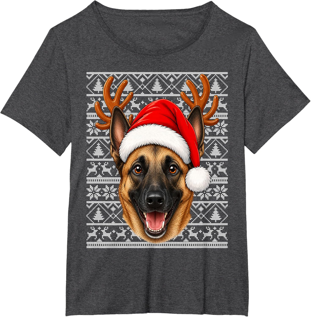 Belgian Malinois Dog Christmas Santa Hat Ugly Sweater Xmas T-Shirt - Dark Heather Grey