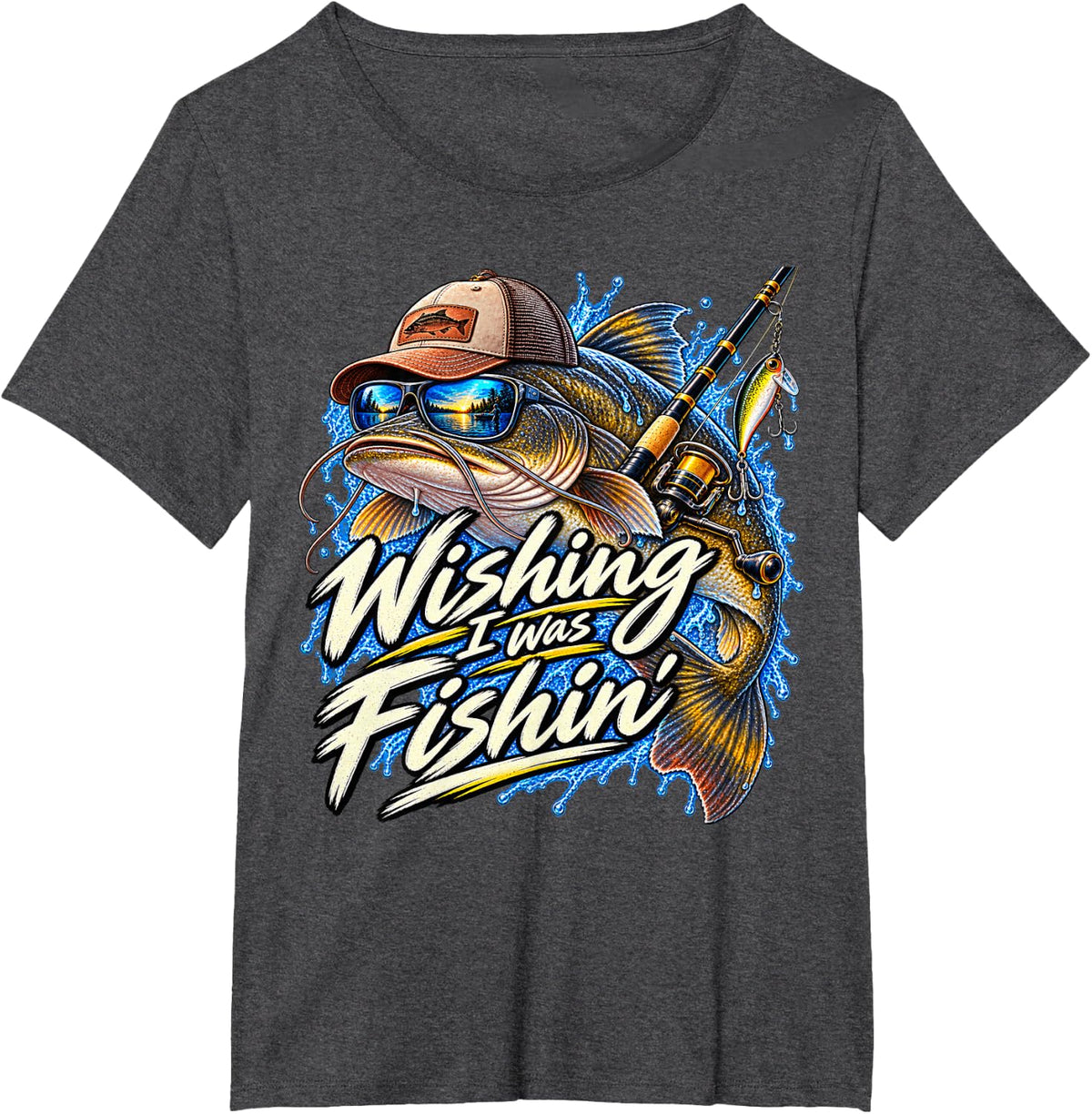 Wishing I was Fishing Catfish Lake Sea Funny Fisherman Fish T-Shirt - Dark Heather Grey