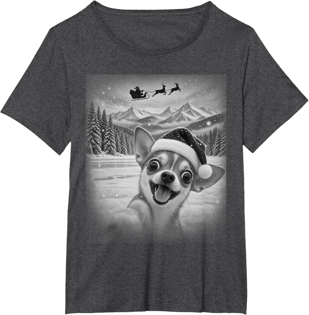 Chihuahua Santa Selfie Funny Christmas Dog Mom T-Shirt - Dark Heather Grey