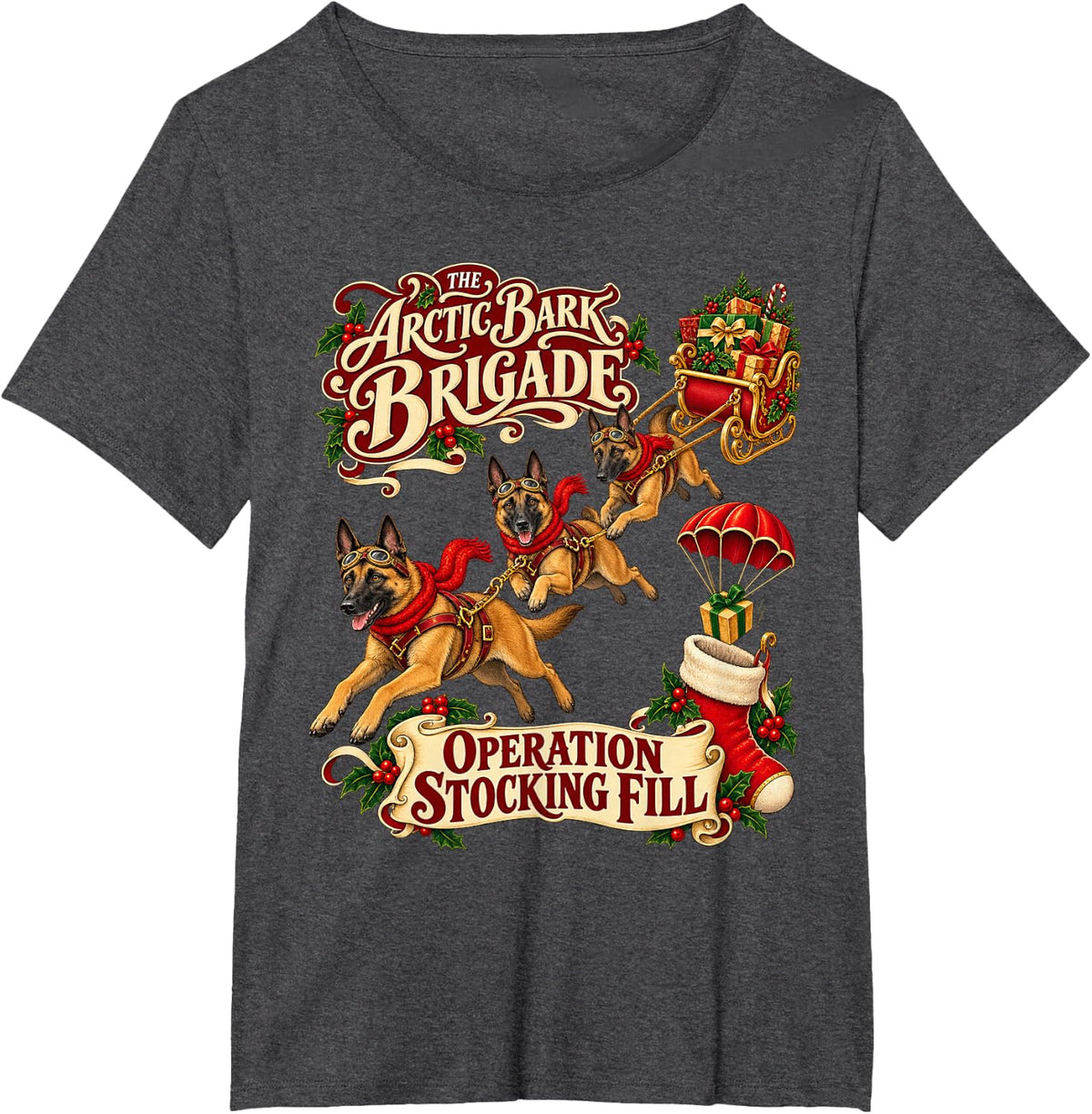 Belgian Malinois Dog Christmas Arctic Sleigh Adventure T-Shirt - Dark Heather Grey