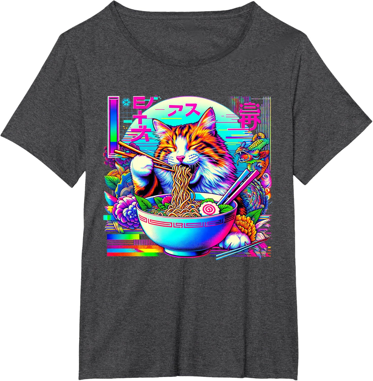 Vaporwave Japanese Glitch Art Cat Eating Ramen T-Shirt - Dark Heather Grey