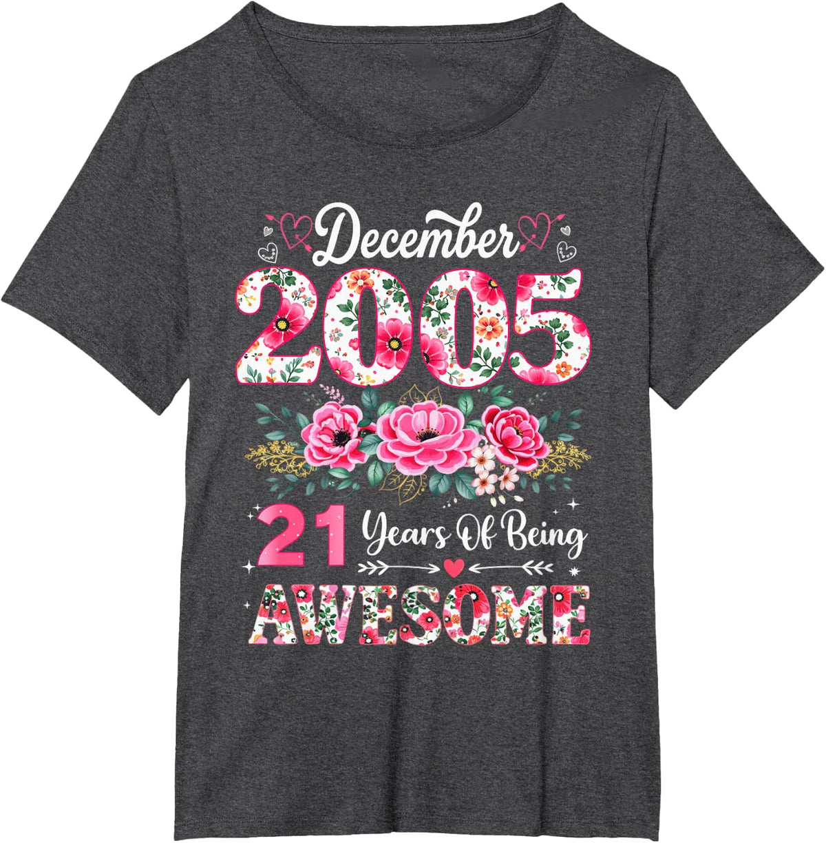 Floral December 2005 21-Year-Old 21st Birthday Men 21 Years T-Shirt - Dark Heather Grey
