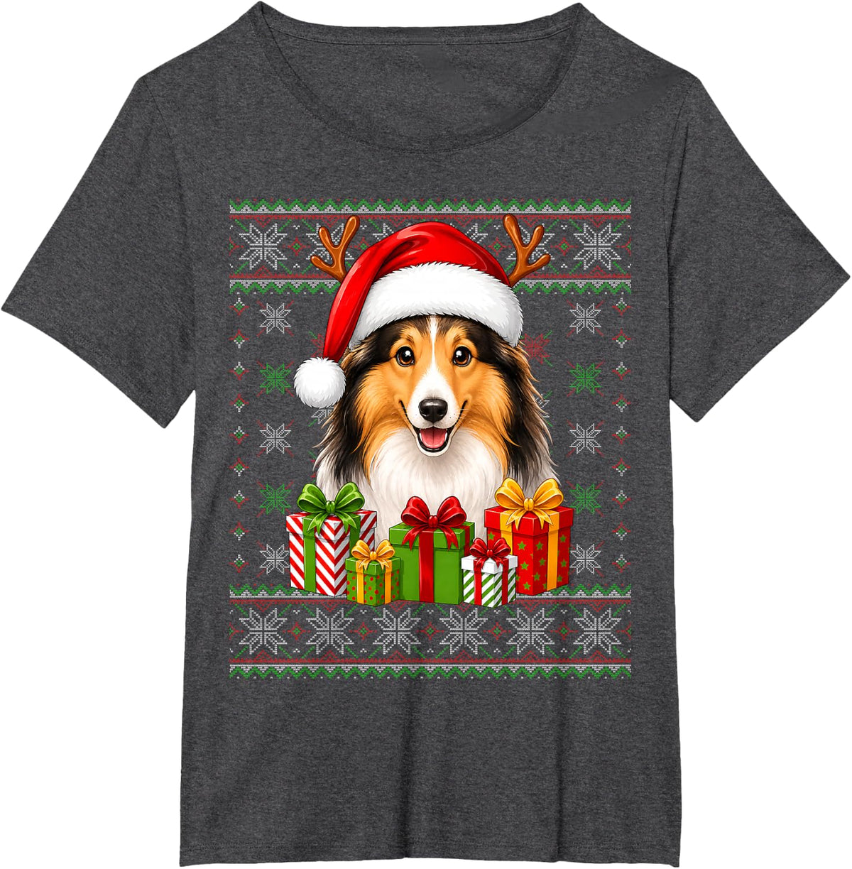 Rough Collie Dog Christmas Ugly Sweaters Festive Pet Xmas T-Shirt - Dark Heather Grey