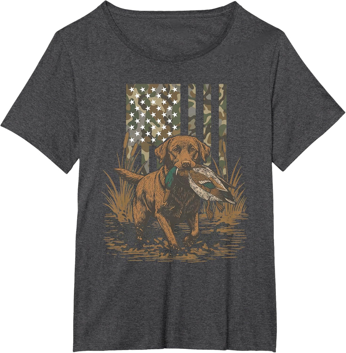 Southern Duck Hunting Dog Lab Mallard Camo American Flag T-Shirt - Dark Heather Grey