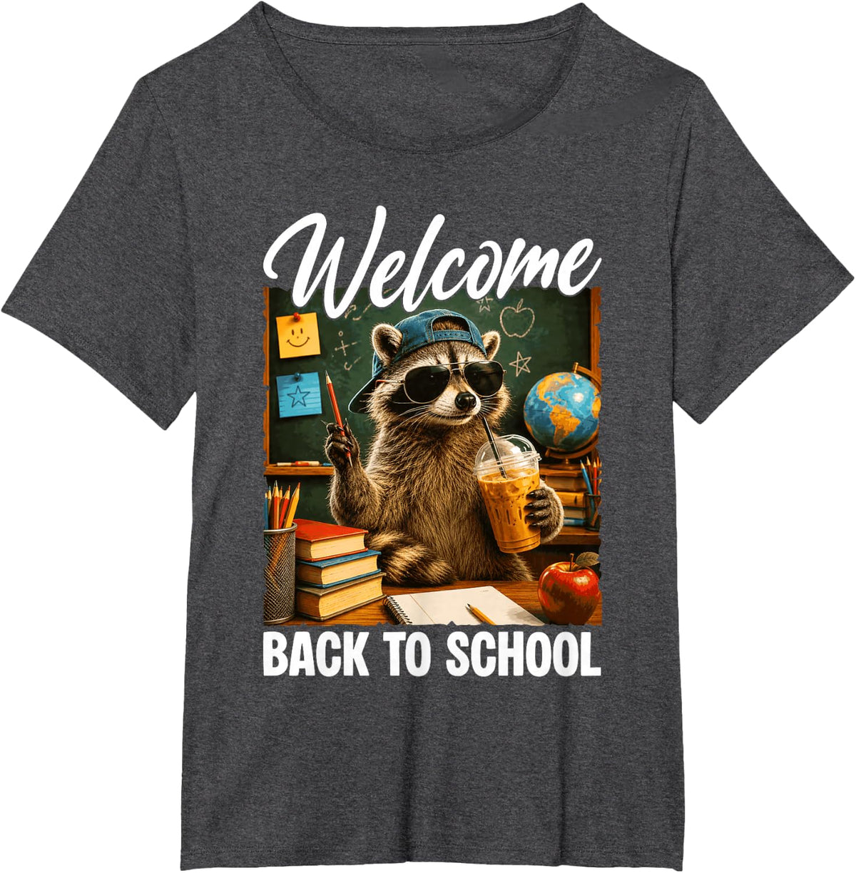 Welcome Back to School Funny Raccoon Drinking Coffee Teacher T-Shirt - Dark Heather Grey