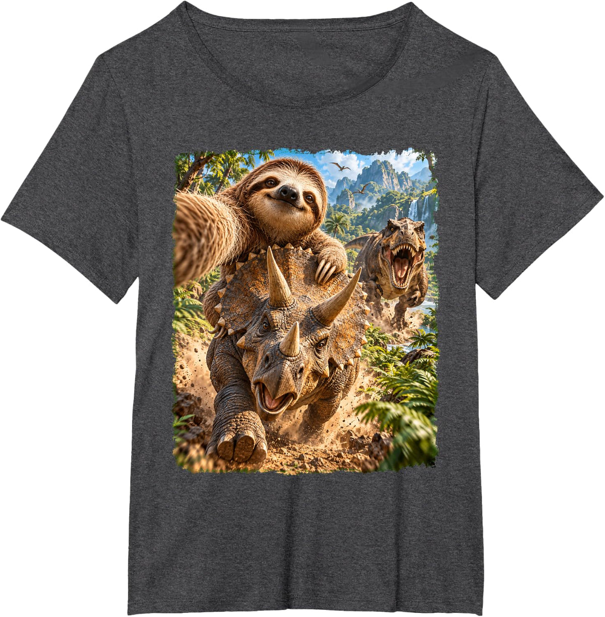 Funny Sloth Selfie Riding Triceratops T-Rex Dinosaur Jungle T-Shirt - Dark Heather Grey