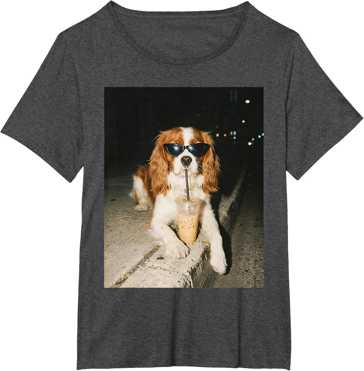Cavalier King Charles Spaniel Drinking Iced Coffee T-Shirt Tee Dog Lover Gift - Dark Heather Grey