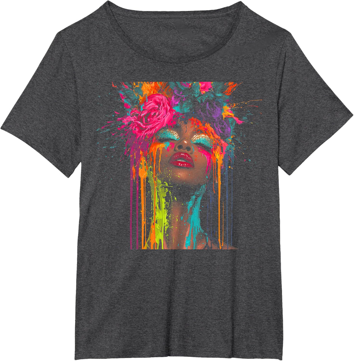 Black Queen Floral Afro Hairstyle Dripping Face Portrait T-Shirt - Dark Heather Grey