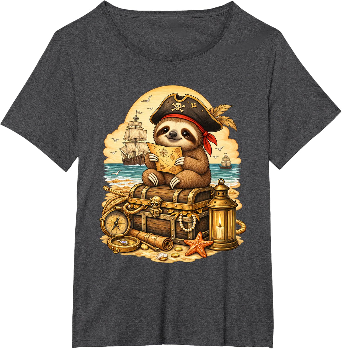 Sloth Dressed As A Pirate Funny Halloween T-Shirt - Dark Heather Grey