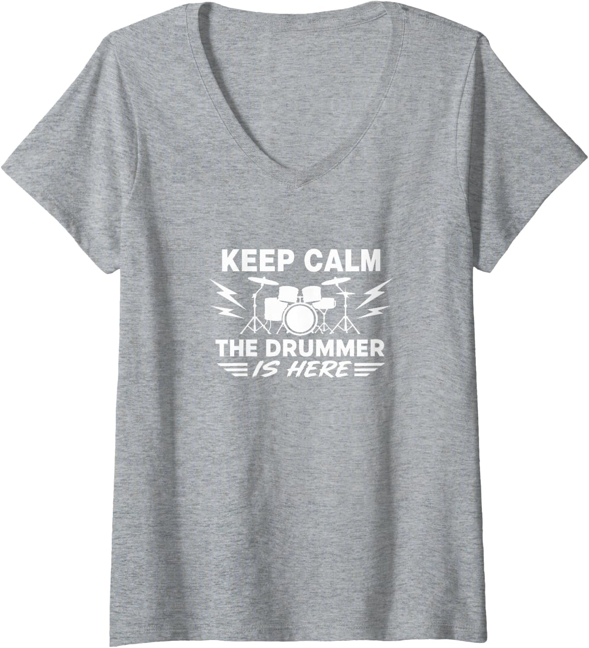 Women's Keep Calm - The Drummer is Here - V-Neck T-Shirt - Heather Grey
