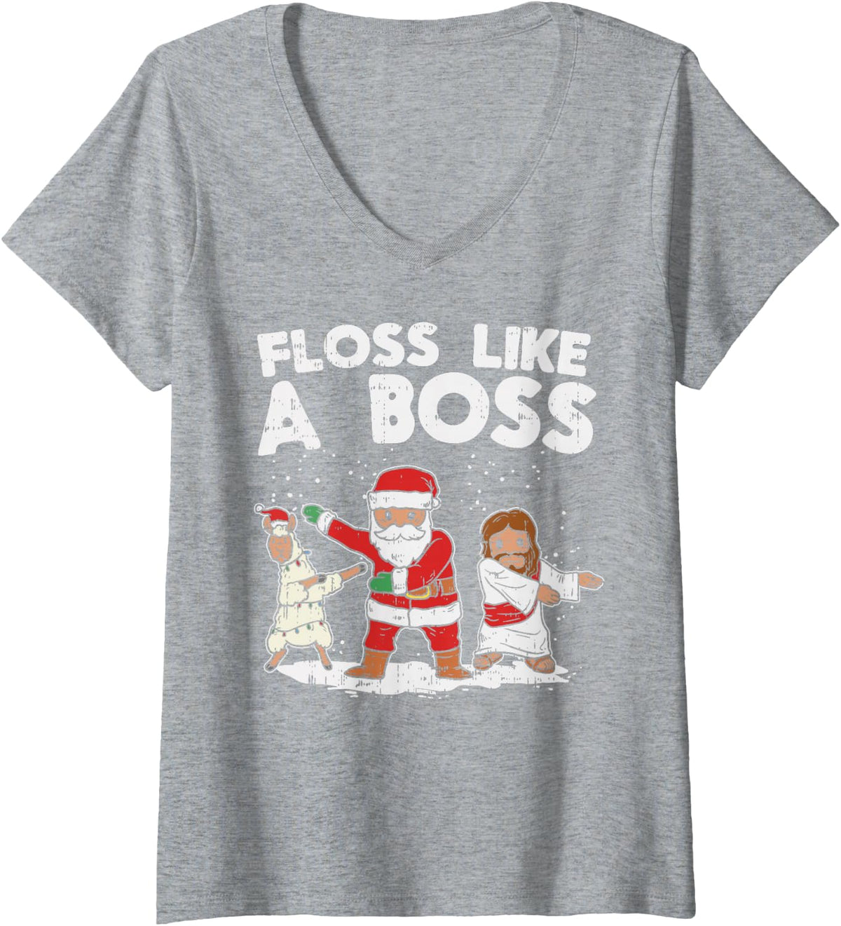 Women's Floss Like A Boss Shirt Dance Santa Llama Jesus Christmas V-Neck T-Shirt - Heather Grey